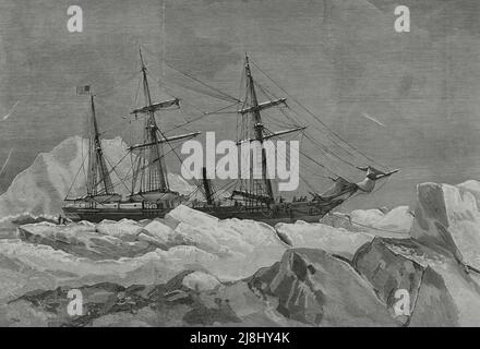 Polar expedition to the Arctic by George Washington De Long (1844-1881). The ship 'Jeannette' was crushed by ice near the Wranel Island. Engraving by Rico, 1882. Stock Photo