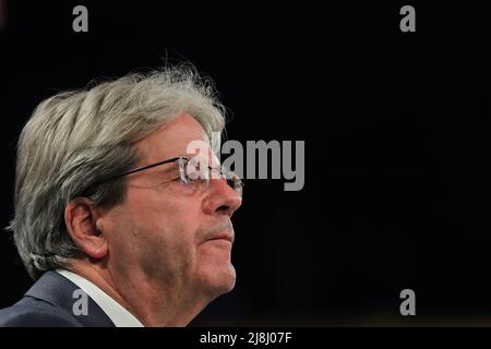 Brussels, Belgium. 16th May, 2022. European Commissioner for Economy Paolo Gentiloni attends a press conference in Brussels, Belgium, May 16, 2022. The Russia-Ukraine crisis has forced the European Commission to slash its annual growth expectation for both the European Union (EU) and eurozone this year, it announced on Monday. Credit: Zheng Huansong/Xinhua/Alamy Live News Stock Photo