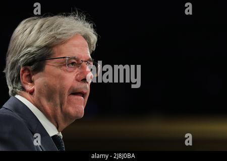 Brussels, Belgium. 16th May, 2022. European Commissioner for Economy Paolo Gentiloni speaks at a press conference in Brussels, Belgium, May 16, 2022. The Russia-Ukraine crisis has forced the European Commission to slash its annual growth expectation for both the European Union (EU) and eurozone this year, it announced on Monday. Credit: Zheng Huansong/Xinhua/Alamy Live News Stock Photo