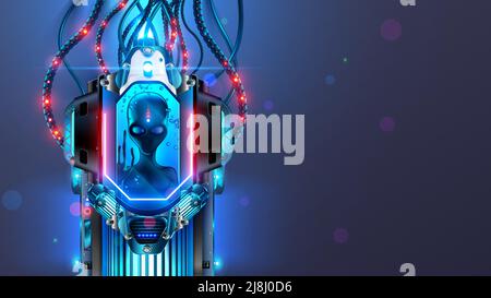 Alien in cryogenic capsule in science laboratory. ETS in anabiosis chamber filled with liquid. Extraterrestrial humanoid astronaut in hibernation Stock Vector