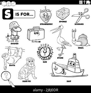 Black and white educational cartoon illustration for children with comic characters and objects set for letter S coloring book page Stock Vector