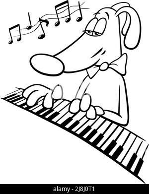 Black and white cartoon illustration of funny dog animal character playing the piano coloring page Stock Vector