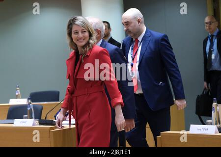 Brussels, Belgium. 16th May, 2022. Canada's Foreign Minister Melanie Joly arrives for a Foreign Affairs Council (FAC) meeting at the EU headquarters in Brussels, Belgium on May 16, 2022. Credit: ALEXANDROS MICHAILIDIS/Alamy Live News Stock Photo
