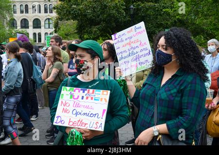 Demonstrators seen holding signs at Union Square to denounce the Supreme Court’s decision to  take away the abortion rights, in New York, NY on May 14, 2022. (Photo by Ryan Rahman/Pacific Press/Sipa USA)