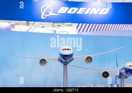 Boeing 787 airliner model dreamliner at the stand of the company corporation. Russia. Moscow. 22 July 2021 Stock Photo