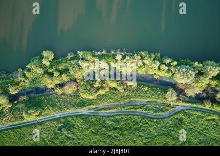 Aerial view of fish hetching pond with blue water in aquacultural area Stock Photo