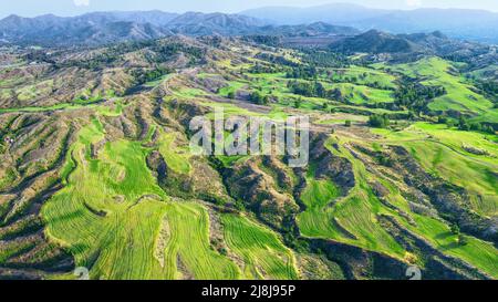 Troodos mountains, Cyprus. Agricultural fields on mountainous terrain Stock Photo