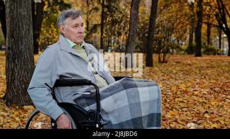 Pensive caucasian male mature man grandfather ride by wheelchair in autumn park sad serious senior older age person retired pensioner with disable Stock Photo