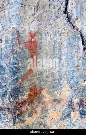 Native American pictographs on the walls of Grotto Canyon near Canmore, Alberta, Canada Stock Photo