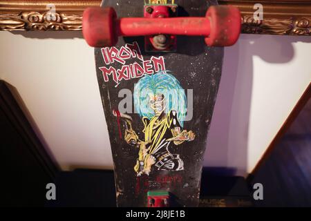 New York, United States. 16th May, 2022. Artwork of Iron Maiden's Eddie on the back of a skateboard by Kurt Cobain is on display at Julien's Auctions Music Icons press preview at Hard Rock Cafe in New York City on Monday, May 16, 2022. Photo by John Angelillo/UPI Credit: UPI/Alamy Live News Stock Photo