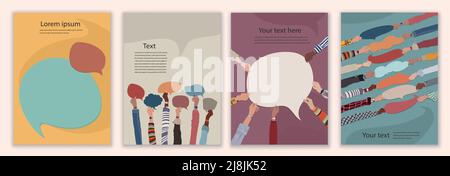 Hand group of multicultural men and women holding speech bubble in hand. Talk  communicate and share information in social networks. Friends talking Stock Vector