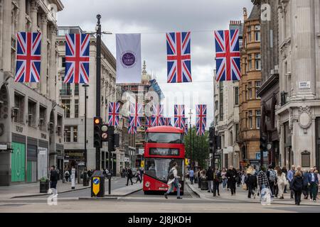 Platinum Jubilee bunting hangs across Oxford Street, London, England, UK Stock Photo