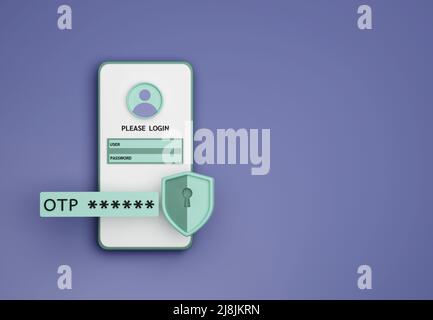 Smartphone with OTP SMS alert while login or register for online service to confirm security check 3D rendering illustration Stock Photo