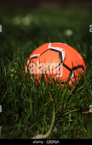 A bright orange soccer ball lies in the thick green grass Stock Photo