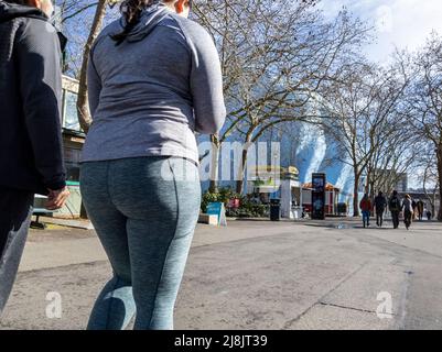 Seattle, WA USA - circa April 2022: View of people walking around and enjoying a sunny day near the Seattle Center area in the downtown district. Stock Photo