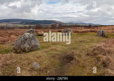 Machrie Moor Standing Stones and Stone Circles, Isle of Arran, Scotland - believed to date to late Neolithic to Early Bronze Ages Stock Photo