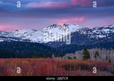 Mt Jefferson, highest peak in the Centennial Mountain range, is covered in snow. Sunset. Island Park, Fremont County, Idaho, USA Stock Photo
