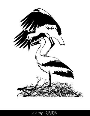 Vector background with a graphic monochrome drawings of pairs of storks in the nest Stock Vector