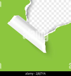 Torn hole of upper right corner of green sheet with paper curl and transparent background of the resulting window. Realistic vector template paper design. Stock Vector
