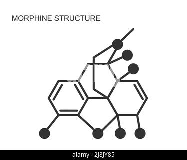 Morphine chemical molecular structure icon isolated on white background. Alkaloid with analgesic effect. Medical opium drug formula. Vector outline illustration. Stock Vector