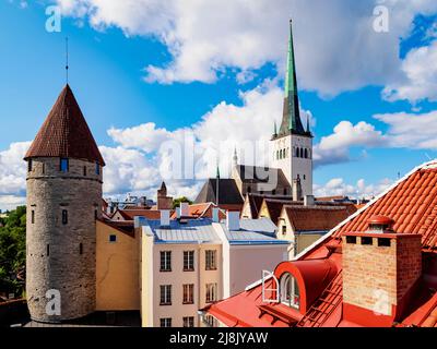 View towards St Olaf's Church, Old Town, Tallinn, Estonia Stock Photo
