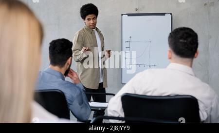 Young male manager presenting project plan to colleagues in meeting explaining report schedule ideas on white board in office making presentation Stock Photo