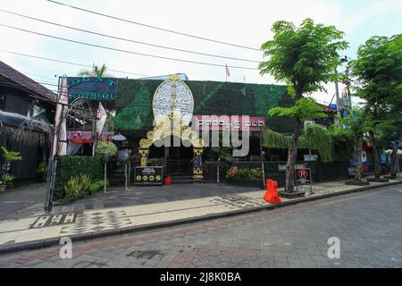 Paddy's Pub on Legian Street in Kuta, Bali, Indonesia. Site of the 2002 Bali Bombing terrorist attack. Nobody around due to Covid-19 pandemic in 2022. Stock Photo