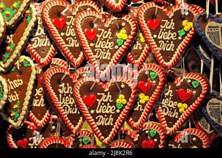 gingerbread hearts at a stand on a christmas market, Germany Stock Photo