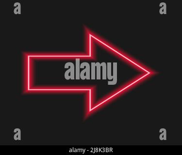 Glowing red neon arrow. Lightning direction sign on dark background. Vector realistic illustration. Stock Vector