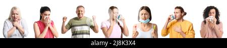 Set of different people suffering from allergic reactions on white background Stock Photo