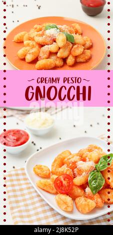 Plates with tasty homemade pesto gnocchi on table Stock Photo