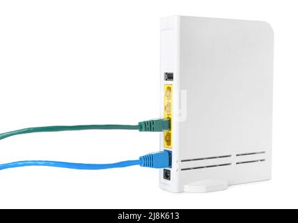 Modern wi-fi router and internet cables isolated on white background Stock Photo