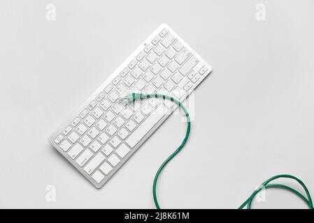 Modern keyboard and internet cable on light background Stock Photo