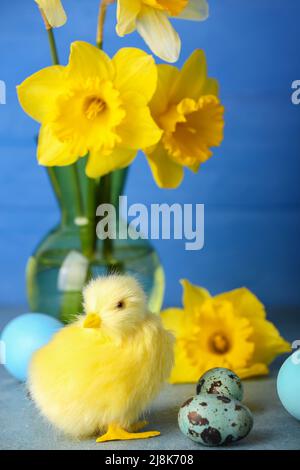 Cute chicken, Easter eggs and flowers on table Stock Photo
