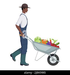 Black Farmer Pushing Wheelbarrow full of Organic Vegetables Stock Vector