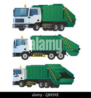 Garbage Truck Front, Side, and Back View Vector Illustration Stock Vector