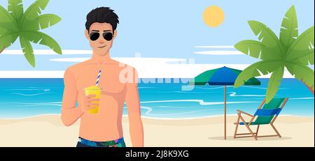 Man Wearing Sunglasses on the Beach and Drinking cocktail with palm tree Vector Illustration Stock Vector