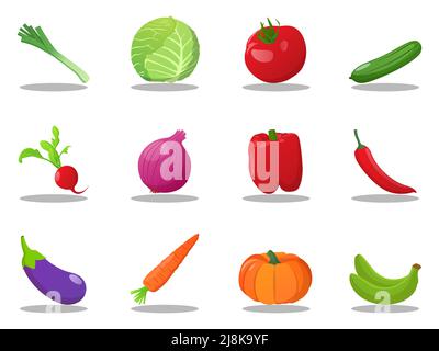 Fresh Vegetables Set with Tomatoes, Cabbage, leek, cucumber, Onion, Plantain, carrot, Raddish, Cartoon Illustrations Stock Vector