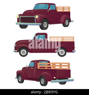 Farmer Vintage Pickup Truck Front, Side, and Back View Vector Illustration Stock Vector