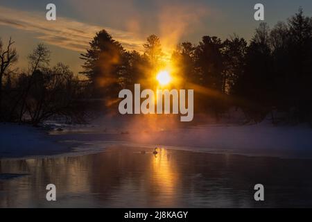 A frigid March morning on the Chippewa River in northern Wisconsin. Stock Photo