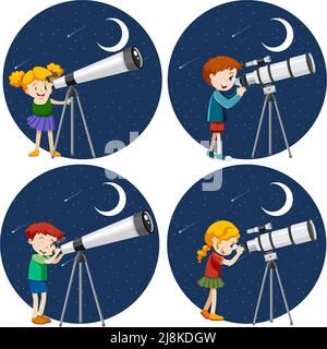 Set of different kids looking through telescope at night illustration Stock Vector