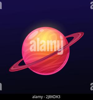 Red glossy space planet with long ring, vector fantasy galaxy universe and alien world cosmos. Space game ui or gui planet globe with orbit ring or asteroid belt on cosmic sky background Stock Vector
