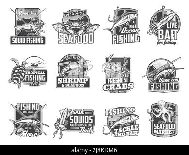 Sea fishing and seafood market isolated vector icons. Fisher tackle for sea crab, ocean marlin and squid, turtle and octopus. Fishing club, sea food catch and fishery store monochrome emblems set Stock Vector