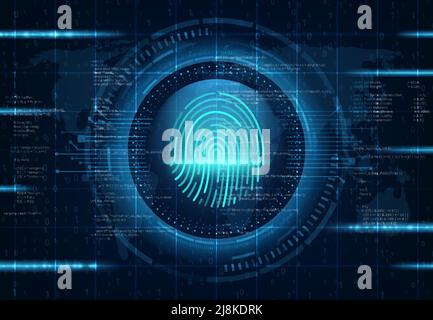 HUD. Fingerprint identity. Authentication, identification, security access vector background, futuristic backdrop or SCI-FI wallpaper with fingerprint scanner, program code and neon motherboard traces Stock Vector