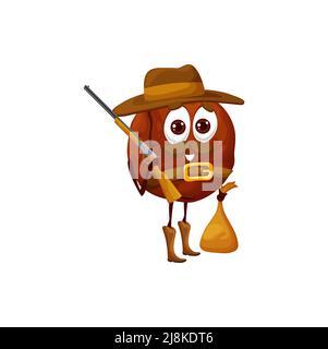 Cartoon macadamia nut ranger character, vector Wild West sheriff personage. Cute bush nut fruit old american western ranger with cowboy hat, gun and bag, brown leather belt and shoes, healthy food Stock Vector