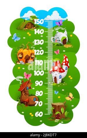 Kids height chart ruler with cartoon village of gnome or elf houses, vector growth measure meter. Baby height meter or child tall scale, fairy homes of gnome elves in mushroom, teapot or tree stump Stock Vector