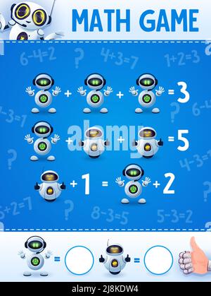 Cartoon robots and droids on math game worksheet. Education maze, kids mathematical riddle or puzzle with addition, calculation task. Children math playing activity worksheet with funny droids Stock Vector