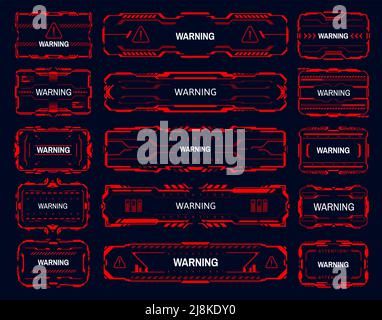 Warning, attention, alert, caution and danger zone red frames. HUD interface danger warning vector frames, game SCi-Fi caution call out title. GUI safety system message, interface alarm red panels set Stock Vector