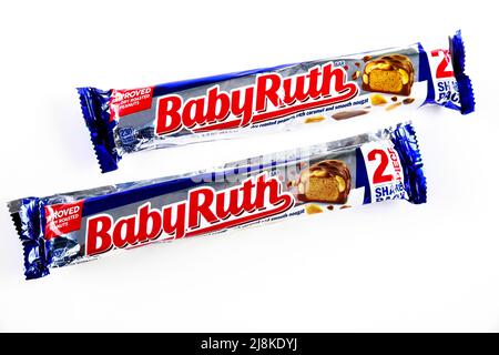 Baby Ruth milk chocolate bar with peanuts and nougat isolated on a white background. Stock Photo