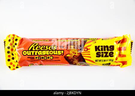 Reeses milk chocolate bar with peanut butter and caramel isolated on a white background. Stock Photo